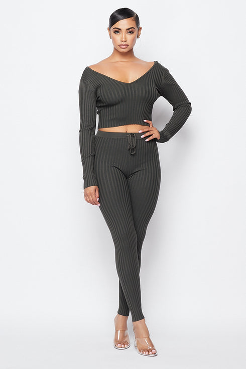 2 Piece Rib Knit Legging Set With V Neck Crop Top - Olive - SohoGirl.com